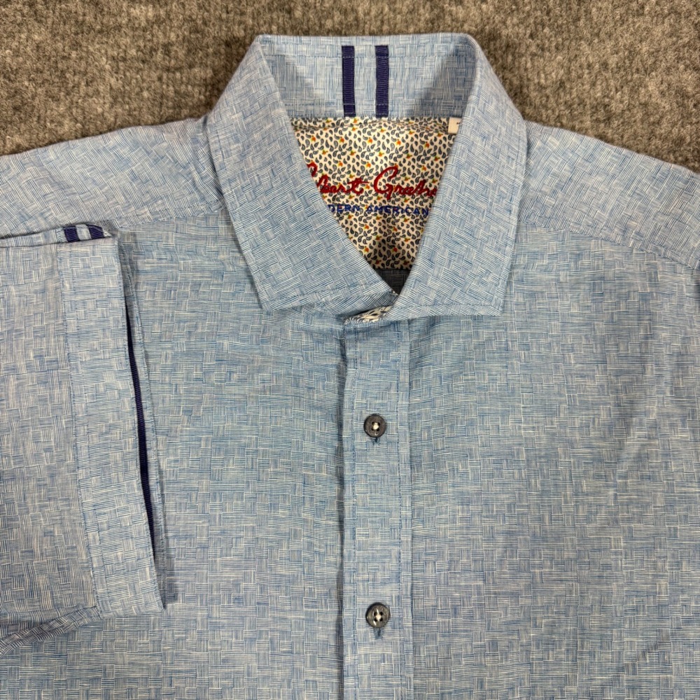Robert Graham Shirt Short Sleeve Tailored Fit Mens M Blue Linen Cotton Blend EUC